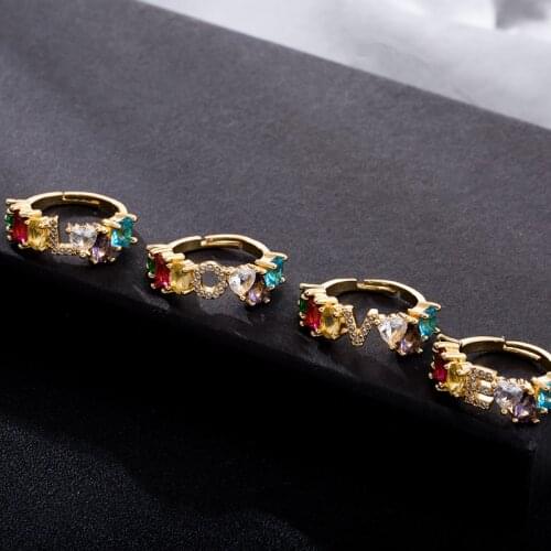 Adjustable Initial Ring Bohemian Copper Zircon Rainbow Letter Rings for Women Girls Wedding Party Jewelry Gift