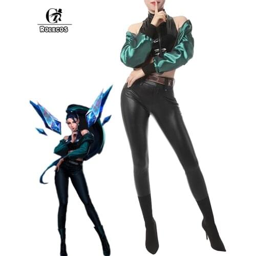 ROLECOS Game LOL KDA Kaisa Cosplay Costume LOL KDA The Baddest Kaisa Cosplay Sexy Women Costume Suit Top Coat Belt Pants Earring