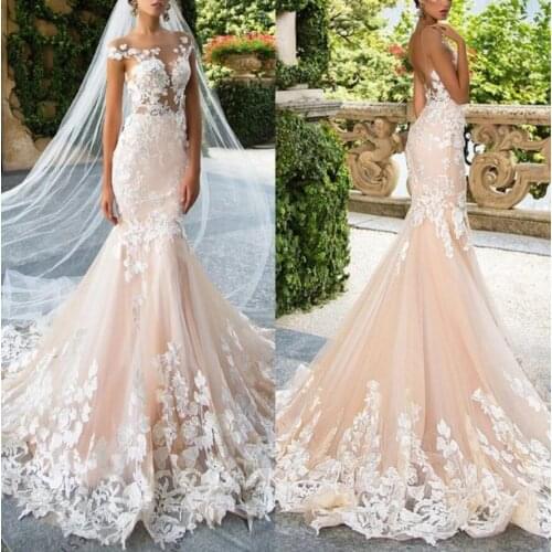 Glamorous Pink Petite Mermaid Bridal Gowns Lace Appliques Slim Wedding Dress
