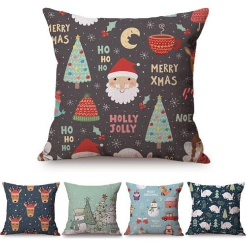 Xmas Cushion Cover Happy New Year Gift Christmas Snowman Cute Santa Claus Rabbit Owl Cotton Linen Home Decorative Pillows Cover
