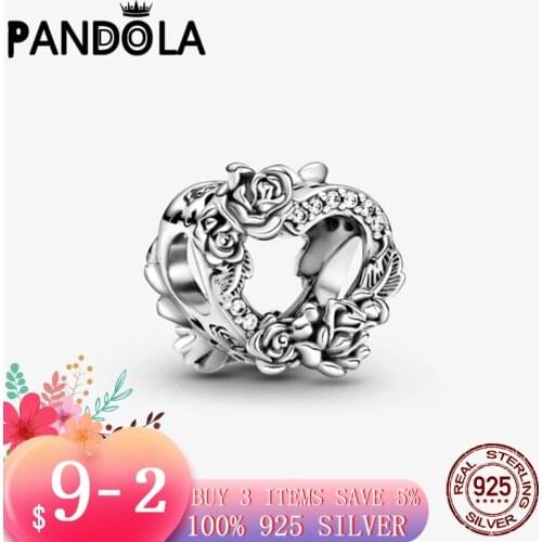 Hot 100% 925 Sterling SILVER charms Open Heart & Rose Flowers Charm fit Original Pandora Bracelet silver 925 jewelry