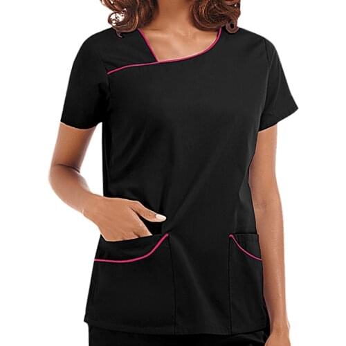 S-3XL 10Colors Solid Short Sleeve V-Neck Pocket Nurse Uniform Simple Soft Women Clinic Care Workers