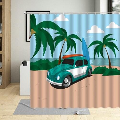 Summer Day Sandy Beach Coconut Tree Shower Curtain Big Sea Landscape Bathroom Home Decorative Cloth With Hook Washable Fabric