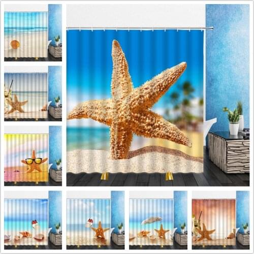Ocean Beach Scenery Shower Curtain Starfish Conch Shell Sea Wave Coconut Tree Bathroom Decor Accessories Polyester Hanging Cloth