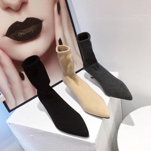 2021 Women Sock Boots Elastic Women Botas Pointed Toe Rhinestone Mid Heels Stretch Boots Slip On Autumn Boots Winter Black Gray