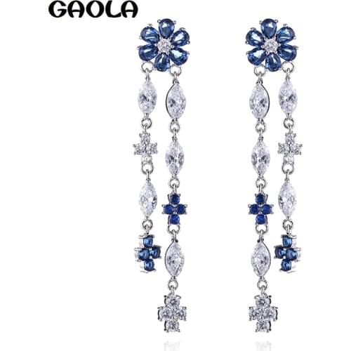 GAOLA Classic White Gold Color Long Flower Cubic Zirconia Dangle Earrings for Woman GLE7753