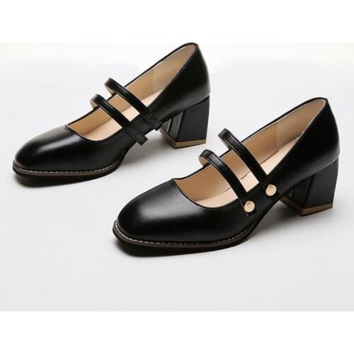 2020 New Autumn Woman Mary Janes Pumps Genuine Leather Shallow High Heels Shoes Woman Concise Elegant Office Lady Pumps 2020