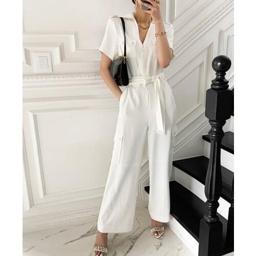Rompers Women V-neck Short Sleeve Jumpsuit Elegant OL Style Ladies Pockets Sashes Overalls Summer Solid Women Straight Jumpsuit