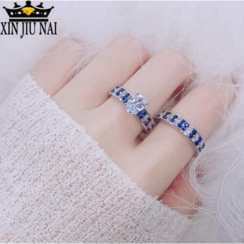 2019 European and American hot new ring Oval blue and white gemstone ring luxury zircon ring Simple fashion ladies jewelry