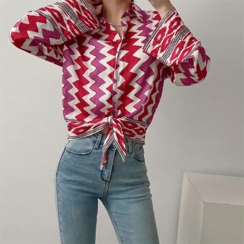 ZXQJ Women 2021 Fashion Print With Bow Tied Geometric Blouses Vintage Long Sleeve Button-up Female Shirts Chic Tops