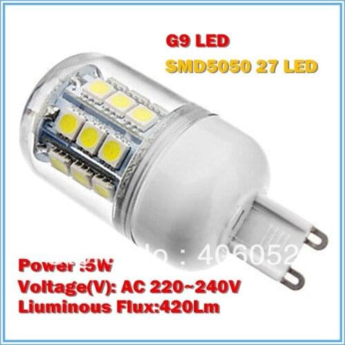 30pcs/lot High Brightness 27 SMD 5050 G9 Led 5w Bulb Lamp AC 220V-240V Warm White/ White 27LEDs SMD 5050 Led Corn Light