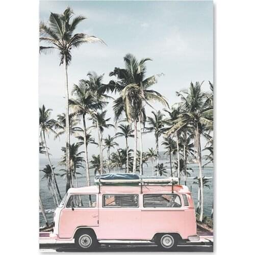 5d Diy Diamond Painting Ocean Scenery Full Square Rhinestone Nordic Beach Pink Bus Embroidery Set Home Decoration Art Gift