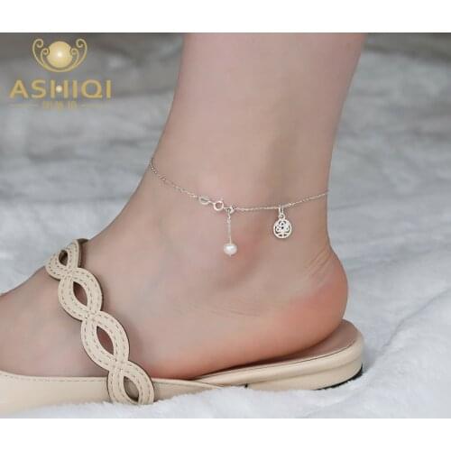 ASHIQI Natural Freshwater Pearl Anklet Charm Anklet for Women Foot Bracelet Jewelry Gift