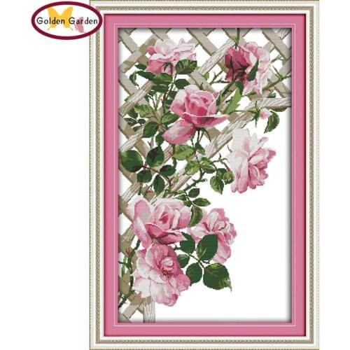 GG Pink Roses Flower Cross Stitching Needlework DIY Kits Cross Stitch Embroidery Painting Cross-stitch Christmas for Home Decor