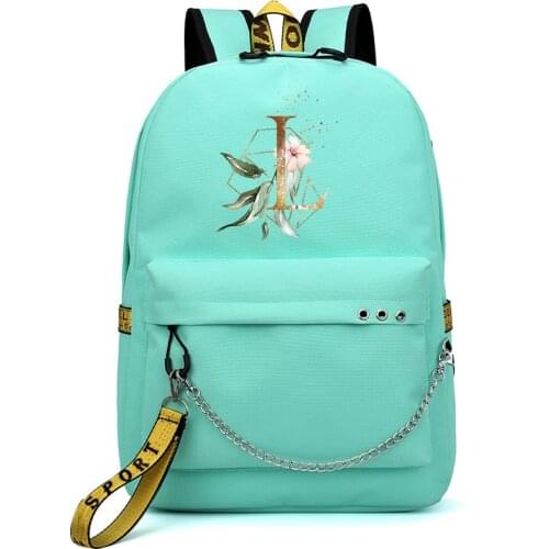 Green 26 Letters Backpack Women Chain Canvas Backpack Student Bookbag for Girls School Bags Usb Charging Port Laptop Travel Bag