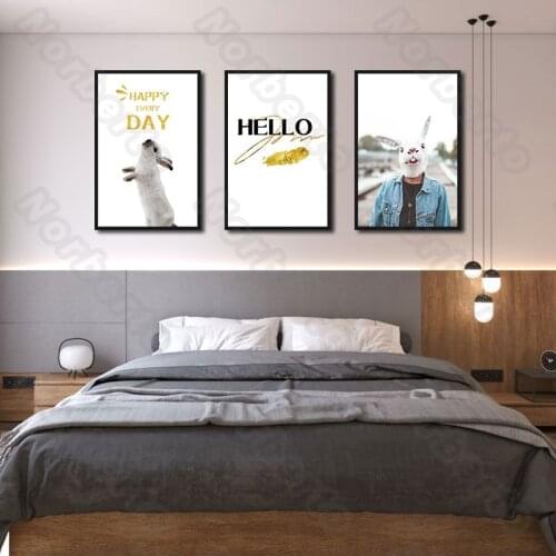Modern Style Canvas Painting Wall Poster Jumping Dog Letters On Happy Everyday a Man Wearing a Dog Head for Home Rooms Decoratio