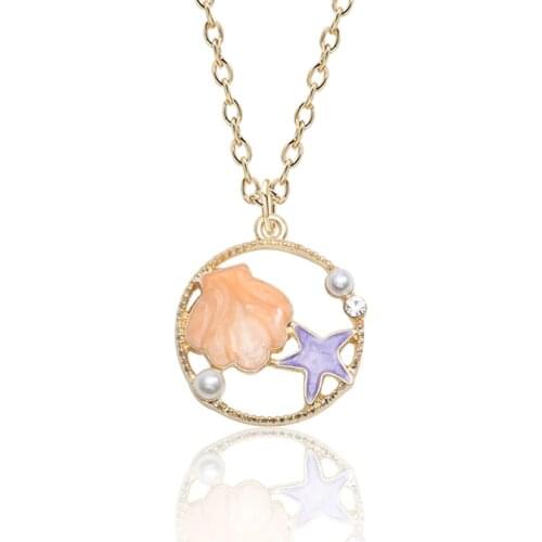 Fashion Cute Girls Enamel Shell Starfish Necklace Women Korea Style Gold Color Pearl Pendant Necklace Female Jewelry Party Gift
