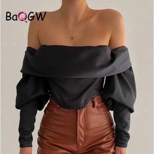 BaQGW Off Shoulder Fashion Pleated Shirts Black Women Lantern Long Sleeve Crop Tops T-shirt Clothes Vintage Party Tops