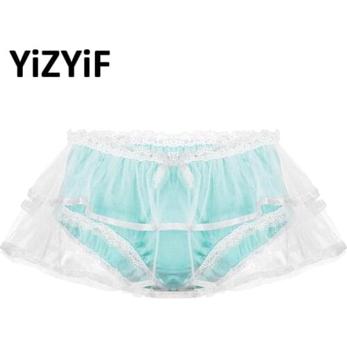 Mens Underwear Sexy Sissy Panties Double Mesh Layers Lace Trim Briefs Underwear Gay Men Smooth Satin Lingerie Sexy Underpants