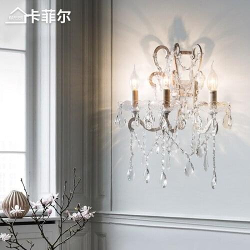 American country wall lamp living room wall bedroom bedside lamp simple retro white creative wrought iron crystal wall lamp
