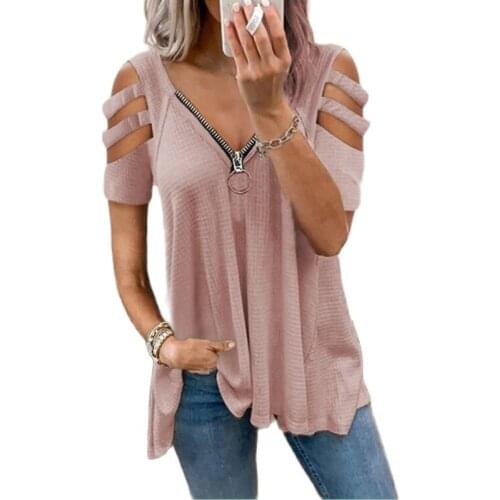 New waffle Zipper V-Neck Off Shoulder T-shirt Tee Women Summer Casual Short-Sleeve Oversized T shirt Plus Size Female Soft Tops