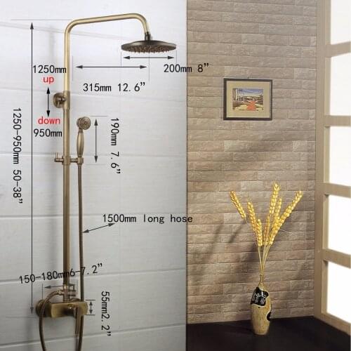 Antique Brass Bathroom Shower Set Flexible Retro Vintage Brass Wall Mount 8 inches Shower Head Control Valve Hand Sprayer