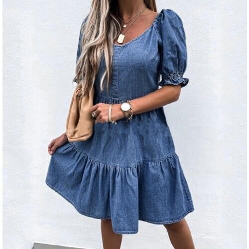 40# Ruffles Denim Dress Womens Elegant Vintage Buttons Hubble-bubble Sleeve Casual Loose Sexy Cowboy Mini Dresses Платье Летнее