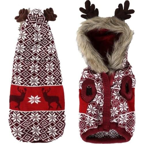 Thick Pet Sweater Christmas Costume Clothes Elk Knitwear Small Medium Dogs Hoodie Coat with Fur Hat New Year Outfit