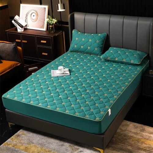 Embroidery Fitted Sheet Mattress Protector Cover Solid Color Cotton Quilted Thick Warm Soft Pad for Bed