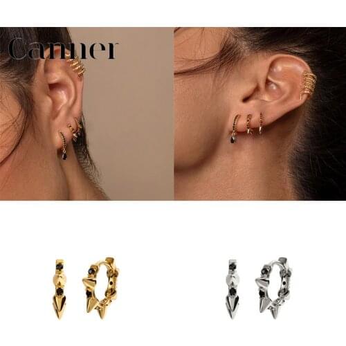 925 Sterling Sliver Hoop Earrings Geometric Rivet Punk Style Black AAAAA Zircon Huggie Earrings For Women Jewelry Brincos W4