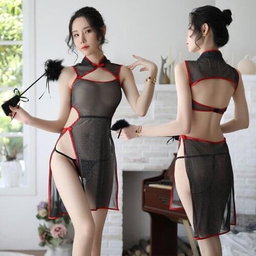 Sexy net gauze cheongsam perspective temptation Republic of China uniform sweet back appeal underwear home suit