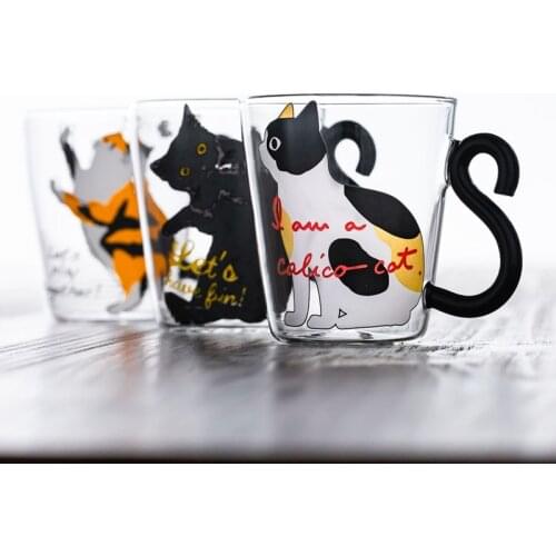 250ML Glass Coffee Mug Cute Cat Glass Cup for Juice Milk Tea Coffee Glass Mug Cat Tail Handle Cat Valentines Day Friends Gifts