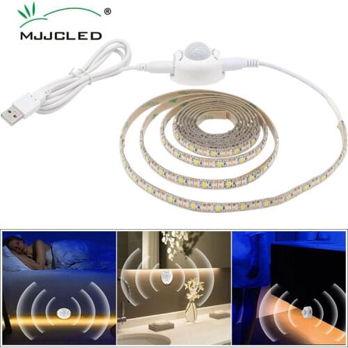 0.5m-3m USB Motion Sensor LED Strip Light Cupboard Wardrobe Bed Lamp Waterproof IP65 Warm White Flexible LED Strip 5V Tape