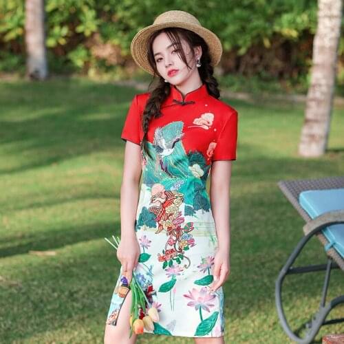 Chinese Traditional Costume Women Vintage Satin Cheongsam Dress Tight Bodycon Split Sexy Chinese Qipao Mini Sexy Cheongsam