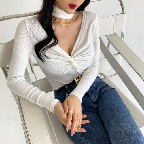 V-Neck Sexy Deep Top Elasticity T Shirt Women T-Shirt Slim Long Sleeve Tshirt 2021 Tops Spring Autumn Korean Fashion Clothing