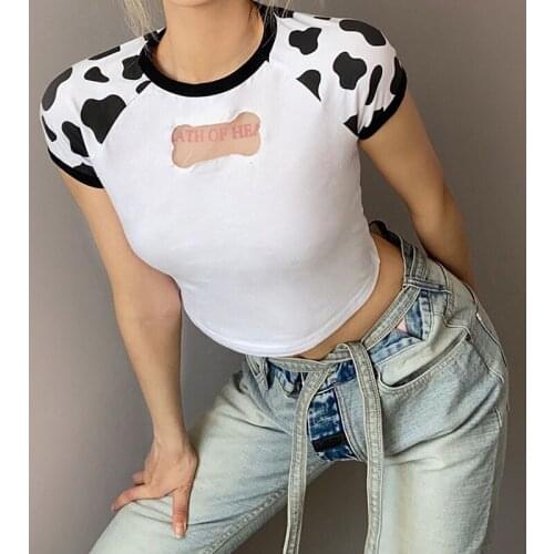 Female Summer Short Sleeve O-Neck T-Shirt Fashion Cow Print Dog Bones Hollow Slim Shirt Fitting Casual Wild Base Crop Top