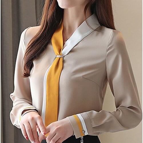Blusas Mujer De Moda 2021 Tie V-neck Office Ladies Tops Long Sleeve Women Shirts Chiffon Blouse Womens Tops And Blouses B911