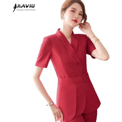 Red Blazer Women 2021 New Summer Short Sleeve Formal Temperament High End Fashion Slim Jacket Office Ladies Work Coat Black