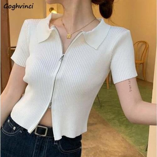 Zippers Cardigans Women Solid Sweet Short Sleeve Sweater Summer Slim Knitted Tops Gentle Design Korean Style Skinny OL Leisure