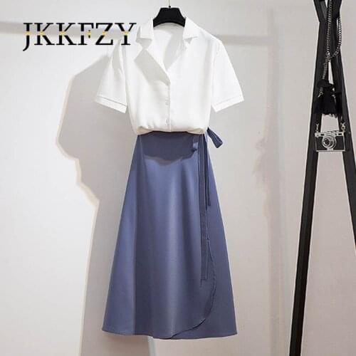 Summer Suit Collar Chiffon Short-sleeved White Shirt Woman + Wild A-line Skirt Is Thin Chiffon Long Skirt Fashion 2-piece Set