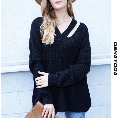 Genayooa V Neck Women Sweaters Knitwear Sweater Oversize Long Sleeve Solid Jumper Ladies Top Autumn Winter 2021 Korean Pullover