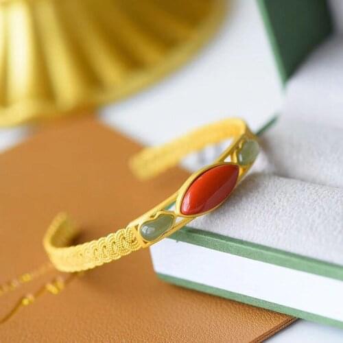 S925 Sterling Silver South Red Inlaid Natural Hetian Jade Gray Jade Bracelet Vintage Weave Twist Bracelet Female Open Bracelet