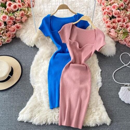 Summer Solid Sexy Knit Midi Dress Women Blue Square Collar Short Sleeve Package Hip Bodycon Dress Female Robe 2021 Vestidos