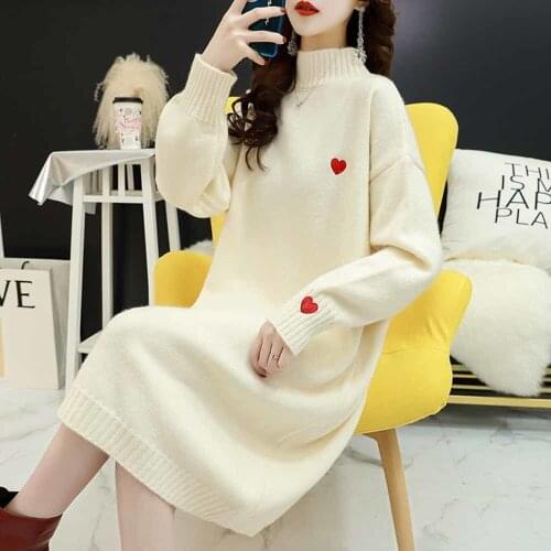2021 Autumn Winter Heart Embroidery Loose Lantern Sleeved Mid-Length Lady Elegant Dresses Ropa De Mujer Women Knitted Dress