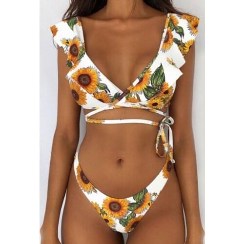 2021 New Bikini Set Swimsuit Women Retro Print Ruffle Sexy Micro Bikini Mujer Swimwear Women Brazilian Thong Biquini Push Up