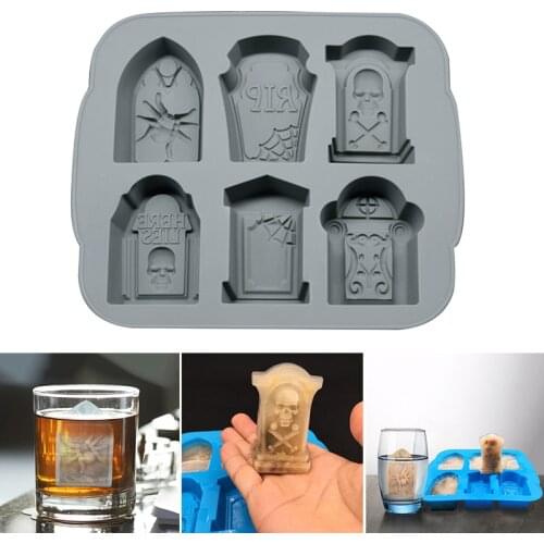 6 Cells Tombstone-shaped Ices Tray with Lid Easter Themed Silicone Mold Multifunctional Baking Pan for Halloween Biscuit A1