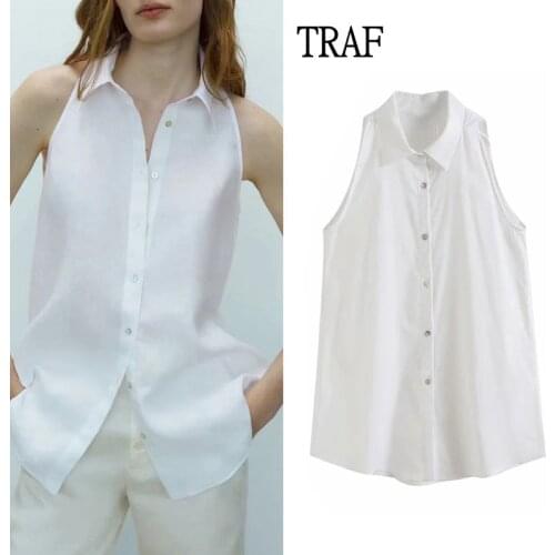 TRAF Za Women Blouses 2021 Summer Women White Blouses Sleeveless Fashion Cotton And Linen Office Female Shirts Blusas Chic Tops