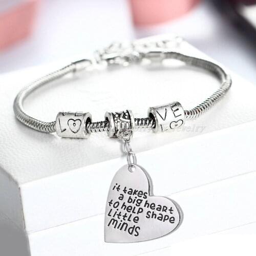 Bespmosp Heart Charms It Takes A Big Heart To Help Shape Little Minds Inspirational Pendant Bracelet Bangle Women Men Jewelry