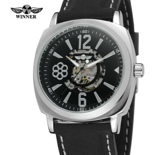 WINNER 2019 New Classic Dress Automatic Mechanical Watches for Men Skeleton Dial Flower Design Leather Strap Fashion Wristwatch