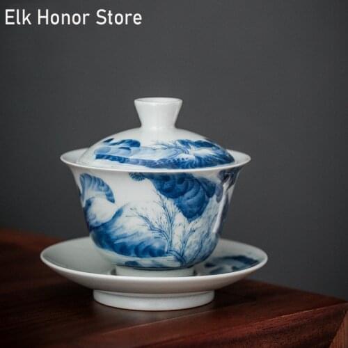 150ml Jingdezhen Porcelain GaiWan Hand Painted Ink And Wash Landscape Art Tea Bowl With Saucer Lid Kit Master Office Decoration